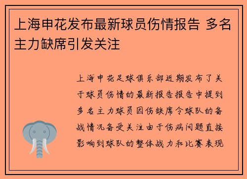 上海申花发布最新球员伤情报告 多名主力缺席引发关注